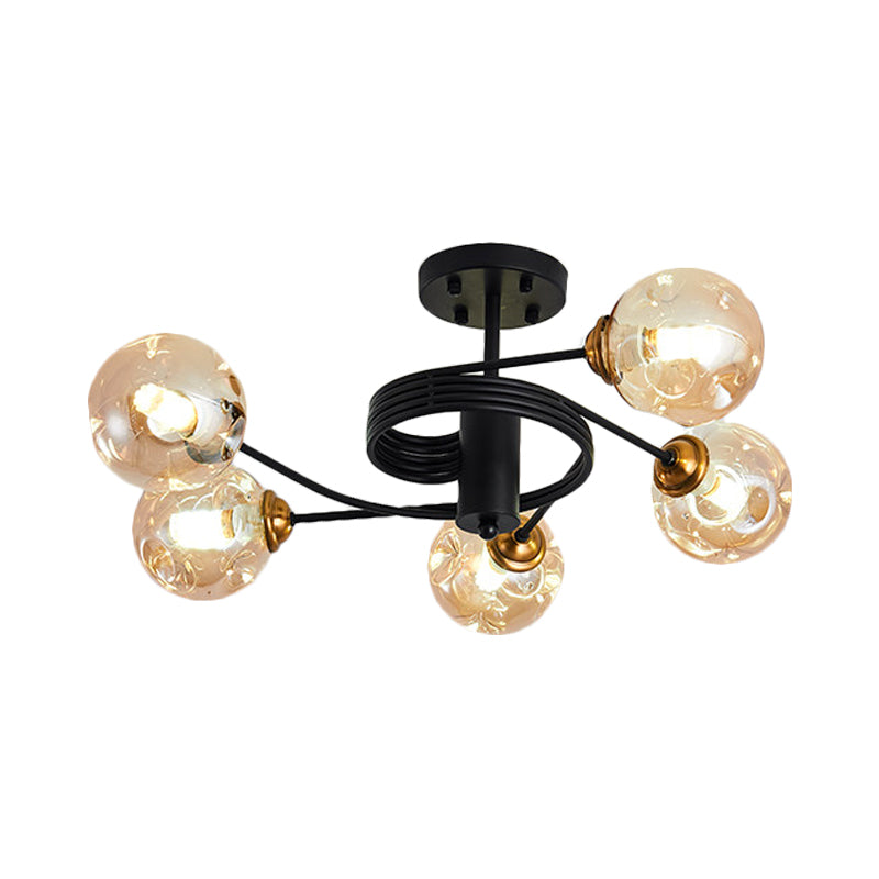 3/5 Lights Living Room Semi Flush with Ball Amber/Smoke Dimpled Blown Glass Shade Modernist Black Semi Flush Ceiling Light Clearhalo 'Ceiling Lights' 'Close To Ceiling Lights' 'Close to ceiling' 'Glass shade' 'Glass' 'Pendant Lights' 'Semi-flushmount' Lighting' 183855
