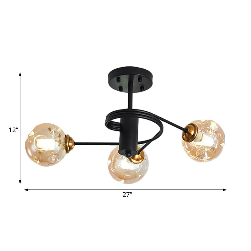 3/5 Lights Living Room Semi Flush with Ball Amber/Smoke Dimpled Blown Glass Shade Modernist Black Semi Flush Ceiling Light Clearhalo 'Ceiling Lights' 'Close To Ceiling Lights' 'Close to ceiling' 'Glass shade' 'Glass' 'Pendant Lights' 'Semi-flushmount' Lighting' 183856