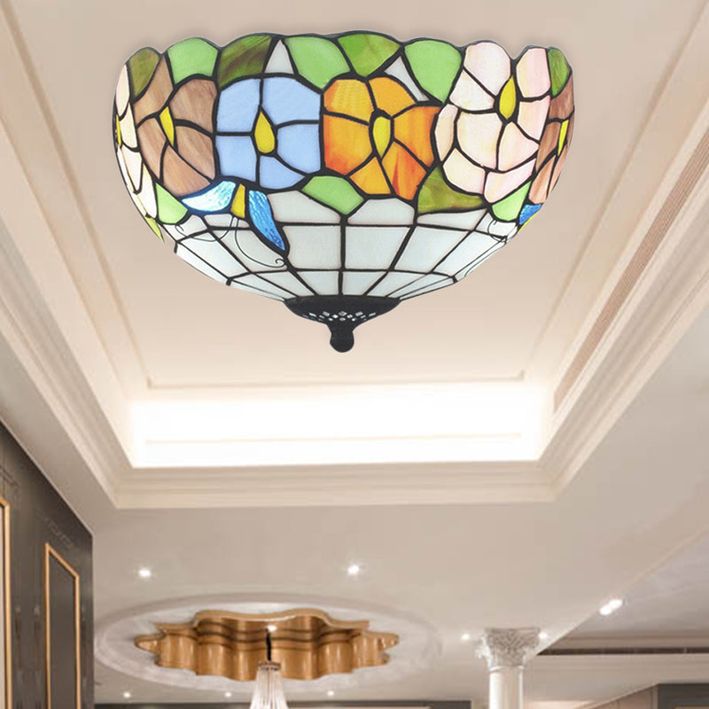 Bowl Shade Flush Mount Tiffany Stained Glass Flush Mount Lighting with Flower and Butterfly Pattern in White White Flower Clearhalo 'Ceiling Lights' 'Close To Ceiling Lights' 'Close to ceiling' 'Flush mount' Lighting' 183883