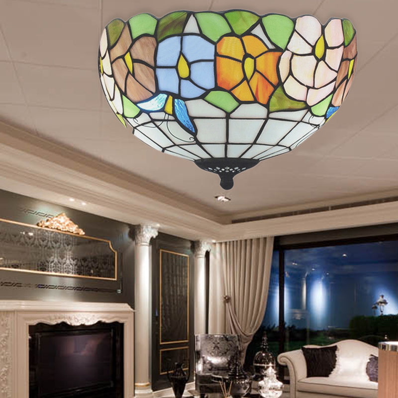 Bowl Shade Flush Mount Tiffany Stained Glass Flush Mount Lighting with Flower and Butterfly Pattern in White Clearhalo 'Ceiling Lights' 'Close To Ceiling Lights' 'Close to ceiling' 'Flush mount' Lighting' 183884