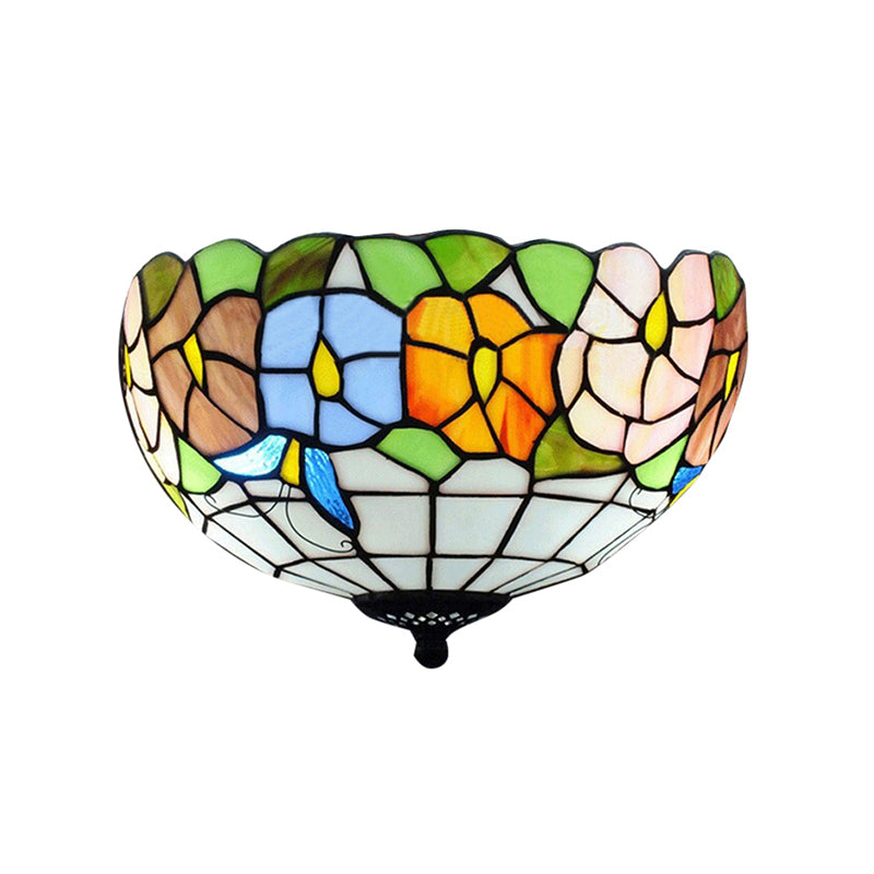 Bowl Shade Flush Mount Tiffany Stained Glass Flush Mount Lighting with Flower and Butterfly Pattern in White Clearhalo 'Ceiling Lights' 'Close To Ceiling Lights' 'Close to ceiling' 'Flush mount' Lighting' 183885