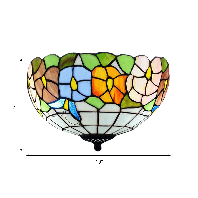 Bowl Shade Flush Mount Tiffany Stained Glass Flush Mount Lighting with Flower and Butterfly Pattern in White Clearhalo 'Ceiling Lights' 'Close To Ceiling Lights' 'Close to ceiling' 'Flush mount' Lighting' 183886