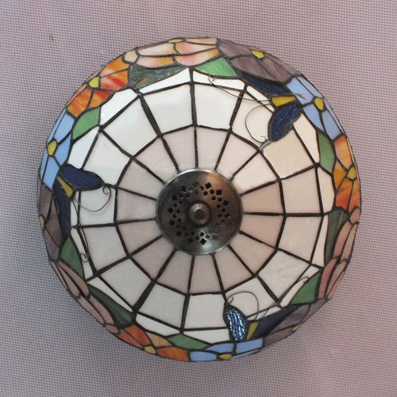 Bowl Shade Flush Mount Tiffany Stained Glass Flush Mount Lighting with Flower and Butterfly Pattern in White Clearhalo 'Ceiling Lights' 'Close To Ceiling Lights' 'Close to ceiling' 'Flush mount' Lighting' 183887