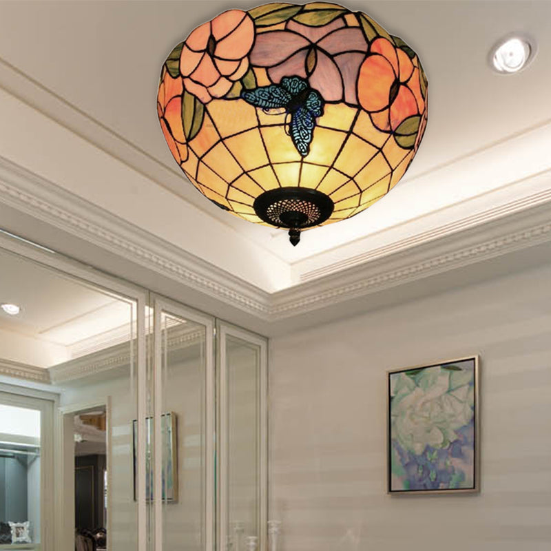 Bowl Shade Flush Mount Tiffany Stained Glass Flush Mount Lighting with Flower and Butterfly Pattern in White White Morning Glory Clearhalo 'Ceiling Lights' 'Close To Ceiling Lights' 'Close to ceiling' 'Flush mount' Lighting' 183888