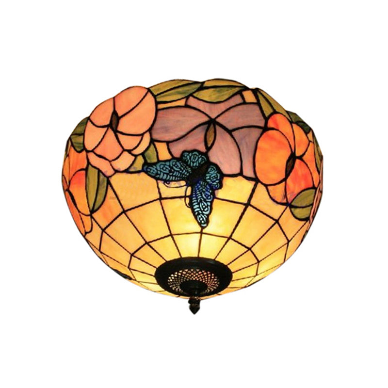 Bowl Shade Flush Mount Tiffany Stained Glass Flush Mount Lighting with Flower and Butterfly Pattern in White Clearhalo 'Ceiling Lights' 'Close To Ceiling Lights' 'Close to ceiling' 'Flush mount' Lighting' 183889