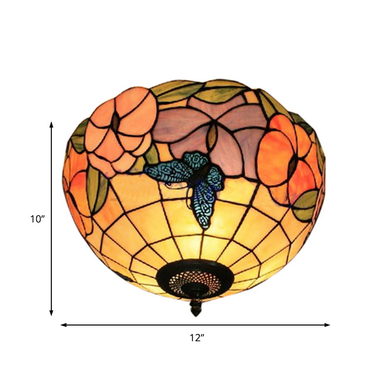 Bowl Shade Flush Mount Tiffany Stained Glass Flush Mount Lighting with Flower and Butterfly Pattern in White Clearhalo 'Ceiling Lights' 'Close To Ceiling Lights' 'Close to ceiling' 'Flush mount' Lighting' 183890