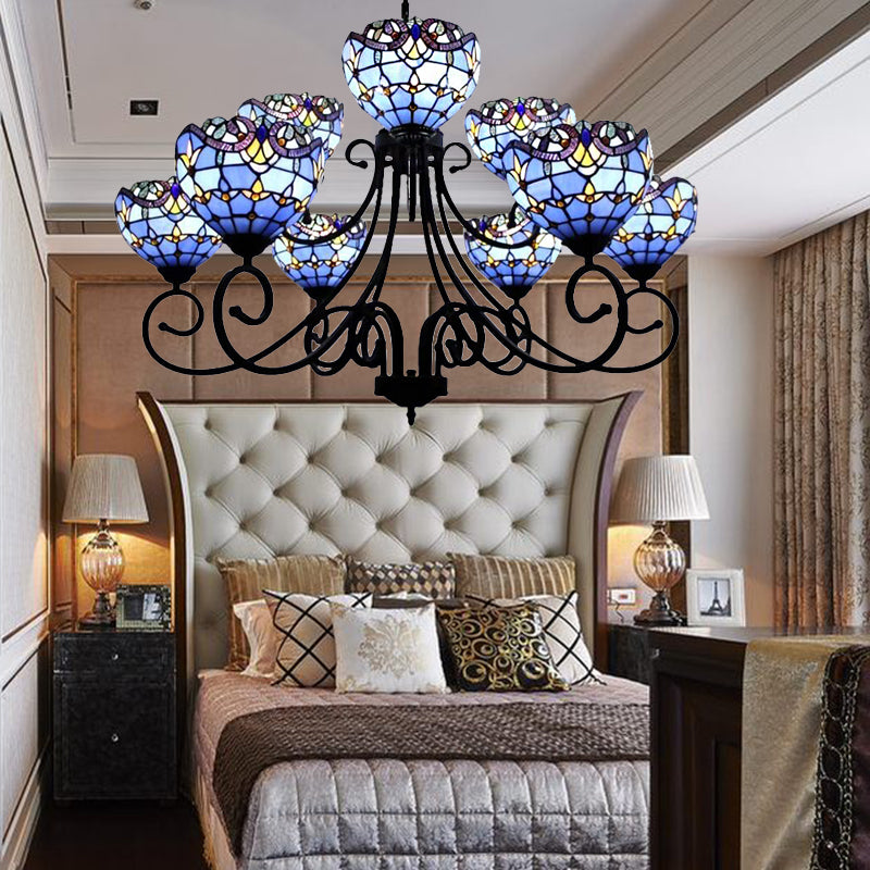 Stained Glass Victorian Pattern Chandelier Multi-Head Tiffany Ornate Chandelier in Brown/Blue for Hotel 9 Blue Clearhalo 'Ceiling Lights' 'Chandeliers' 'Industrial' 'Middle Century Chandeliers' 'Tiffany Chandeliers' 'Tiffany close to ceiling' 'Tiffany' Lighting' 183900