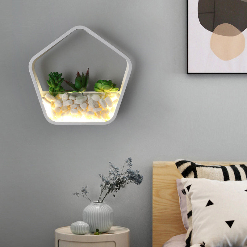 Child Bedroom Fake Succulent Wall Light Metal Stone Contemporary White Sconce Lamp White Pentagon Clearhalo 'Wall Lamps & Sconces' 'Wall Lights' Lighting' 183939