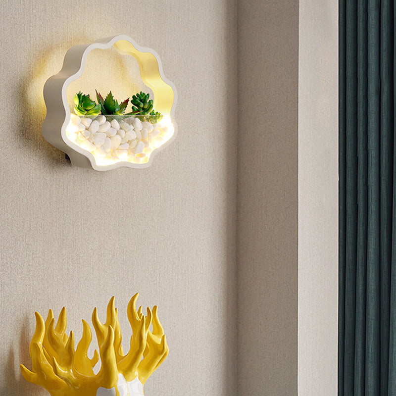 Child Bedroom Fake Succulent Wall Light Metal Stone Contemporary White Sconce Lamp White Wavy Clearhalo 'Wall Lamps & Sconces' 'Wall Lights' Lighting' 183942