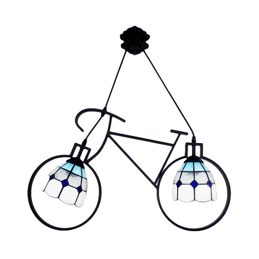 Metallic Bike Ceiling Pendant with Grid Dome Shade 2 Heads Tiffany Creative Hanging Light for Game Room Clearhalo 'Ceiling Lights' 'Industrial' 'Middle Century Pendants' 'Pendant Lights' 'Pendants' 'Tiffany close to ceiling' 'Tiffany Pendants' 'Tiffany' Lighting' 184103
