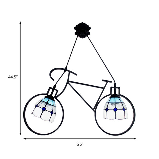 Metallic Bike Ceiling Pendant with Grid Dome Shade 2 Heads Tiffany Creative Hanging Light for Game Room Clearhalo 'Ceiling Lights' 'Industrial' 'Middle Century Pendants' 'Pendant Lights' 'Pendants' 'Tiffany close to ceiling' 'Tiffany Pendants' 'Tiffany' Lighting' 184104