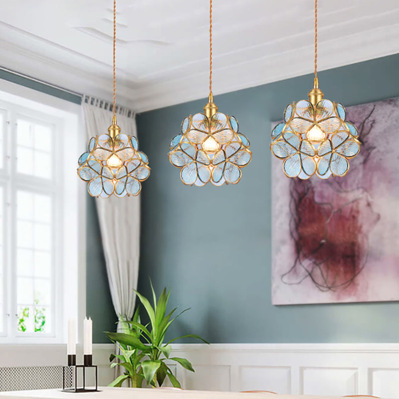 Flower Dining Table Pendant Light Metal & Glass Single Light Stunning Hanging Lamp in Gold Blue Clearhalo 'Ceiling Lights' 'Glass shade' 'Glass' 'Modern Pendants' 'Modern' 'Pendant Lights' 'Pendants' Lighting' 184127