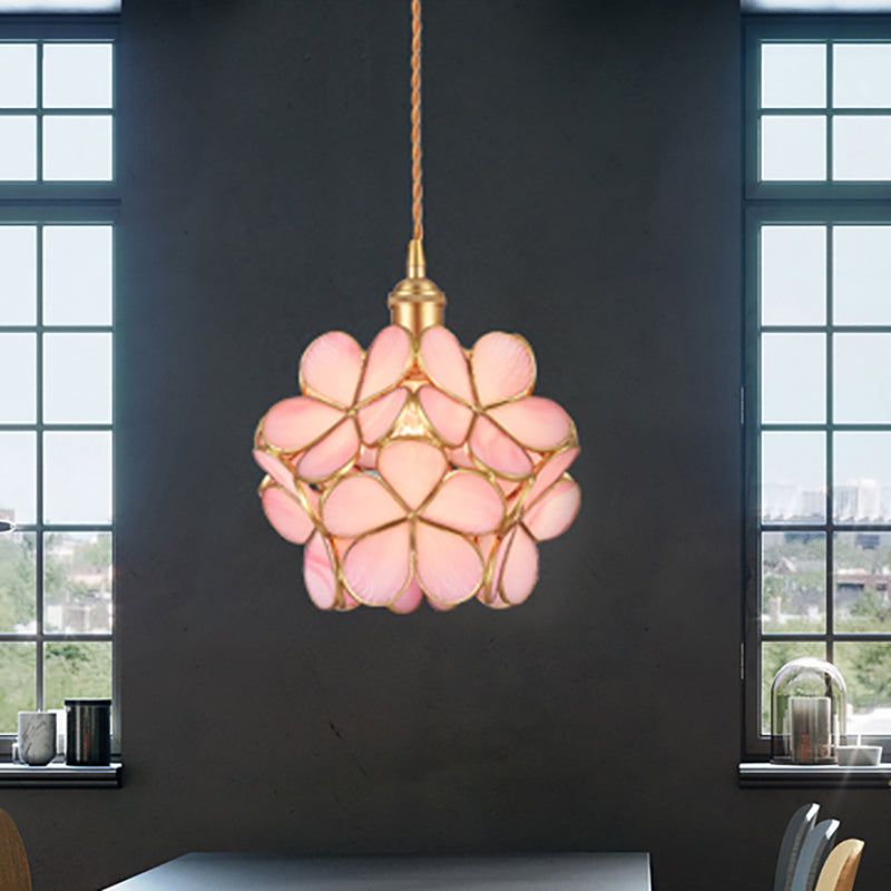 Flower Dining Table Pendant Light Metal & Glass Single Light Stunning Hanging Lamp in Gold Pink Clearhalo 'Ceiling Lights' 'Glass shade' 'Glass' 'Modern Pendants' 'Modern' 'Pendant Lights' 'Pendants' Lighting' 184129