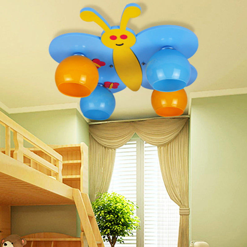 Cartoon Butterfly Flush Ceiling Light Wood 4 Heads Blue Ceiling Lamp for Child Bedroom Blue Clearhalo 'Ceiling Lights' 'Close To Ceiling Lights' 'Close to ceiling' 'Flush mount' Lighting' 184176