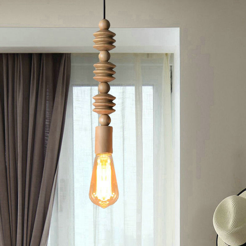 Japanese Style Bare Bulb Hanging Lamp with Wooden Deco Single Light Pendant Light in Beige for Kitchen Wood 17" Clearhalo 'Ceiling Lights' 'Modern Pendants' 'Modern' 'Pendant Lights' 'Pendants' Lighting' 184256