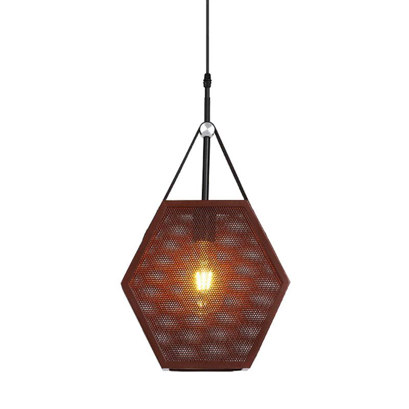 Brown Hollow Hexagon Shape Hanging Lamp 1 Head Industrial Metallic Pendant Light for Restaurant Clearhalo 'Ceiling Lights' 'Modern Pendants' 'Modern' 'Pendant Lights' 'Pendants' Lighting' 184322