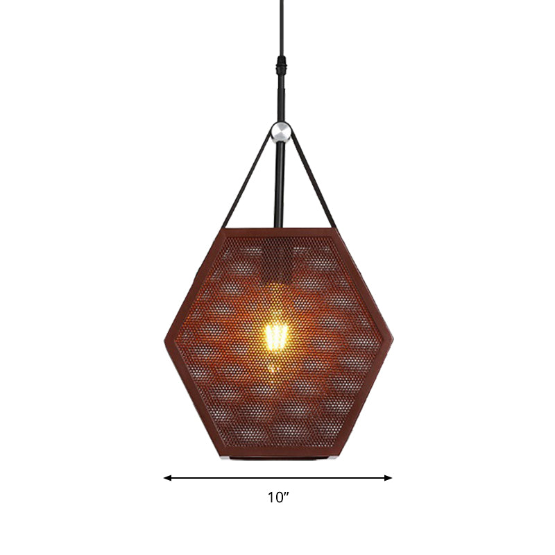 Brown Hollow Hexagon Shape Hanging Lamp 1 Head Industrial Metallic Pendant Light for Restaurant Clearhalo 'Ceiling Lights' 'Modern Pendants' 'Modern' 'Pendant Lights' 'Pendants' Lighting' 184323