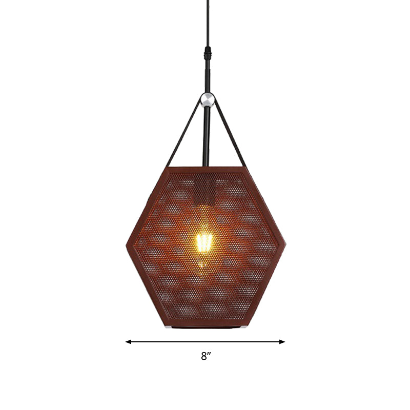 Brown Hollow Hexagon Shape Hanging Lamp 1 Head Industrial Metallic Pendant Light for Restaurant Clearhalo 'Ceiling Lights' 'Modern Pendants' 'Modern' 'Pendant Lights' 'Pendants' Lighting' 184324