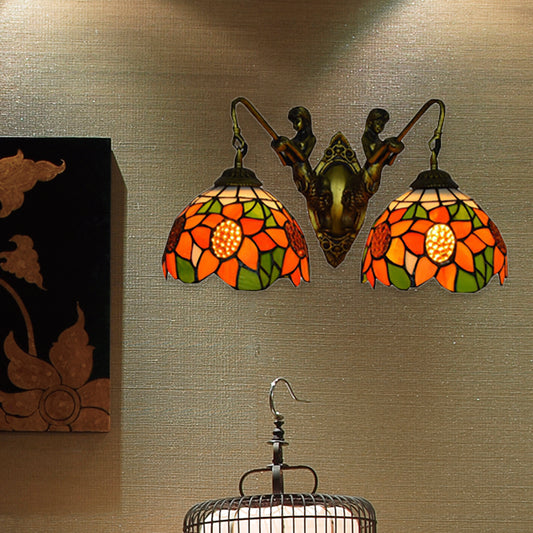 Sunflower Wall Mounted Lamp Tiffany Orange Glass 2 Heads Bedroom Sconce Light in Bronze Orange Clearhalo 'Industrial' 'Middle century wall lights' 'Tiffany wall lights' 'Tiffany' 'Wall Lamps & Sconces' 'Wall Lights' Lighting' 184334