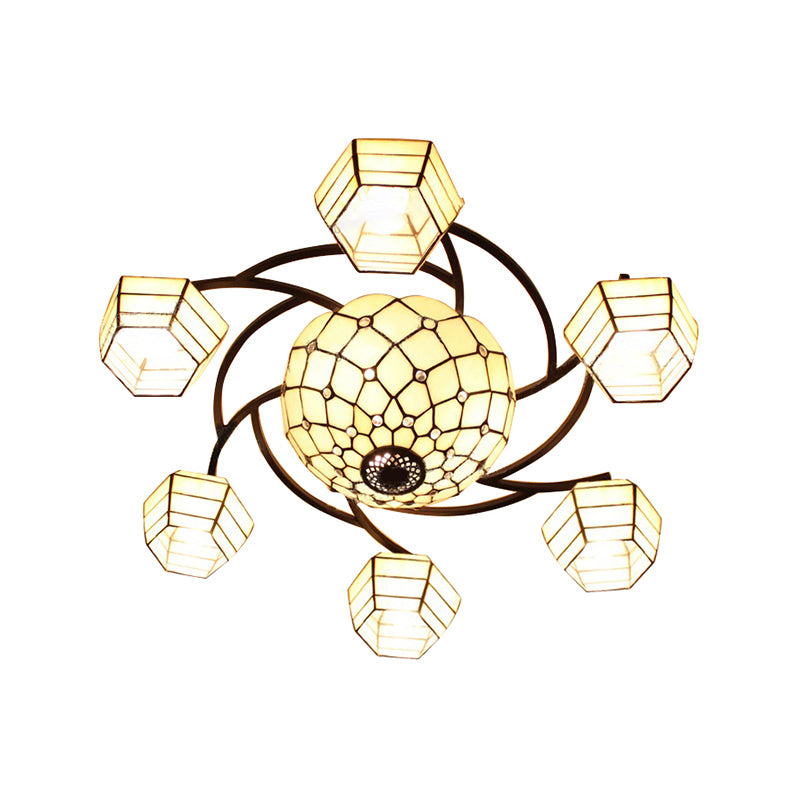 Vintage Art Ceiling Light Fixture Stained Glass 7 Heads Flush Mount Ceiling Light in White for Bedroom Clearhalo 'Ceiling Lights' 'Close To Ceiling Lights' 'Close to ceiling' 'Glass shade' 'Glass' 'Pendant Lights' 'Semi-flushmount' 'Tiffany close to ceiling' 'Tiffany' Lighting' 184413