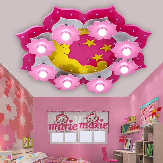 Kids Pink Ceiling Light Blossom 8 Lights Wood Flush Mount Light with Moon Star for Girls Bedroom Pink Clearhalo 'Ceiling Lights' 'Close To Ceiling Lights' 'Close to ceiling' 'Flush mount' Lighting' 184424