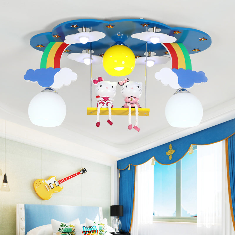 Sky Child Bedroom Flush Ceiling Light Wood 3 Lights Cartoon Ceiling Lamp with Kitten Blue Clearhalo 'Ceiling Lights' 'Close To Ceiling Lights' 'Close to ceiling' 'Semi-flushmount' Lighting' 184520