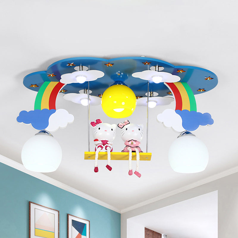 Sky Child Bedroom Flush Ceiling Light Wood 3 Lights Cartoon Ceiling Lamp with Kitten Clearhalo 'Ceiling Lights' 'Close To Ceiling Lights' 'Close to ceiling' 'Semi-flushmount' Lighting' 184521