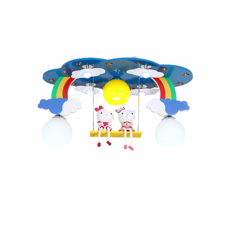 Sky Child Bedroom Flush Ceiling Light Wood 3 Lights Cartoon Ceiling Lamp with Kitten Clearhalo 'Ceiling Lights' 'Close To Ceiling Lights' 'Close to ceiling' 'Semi-flushmount' Lighting' 184522