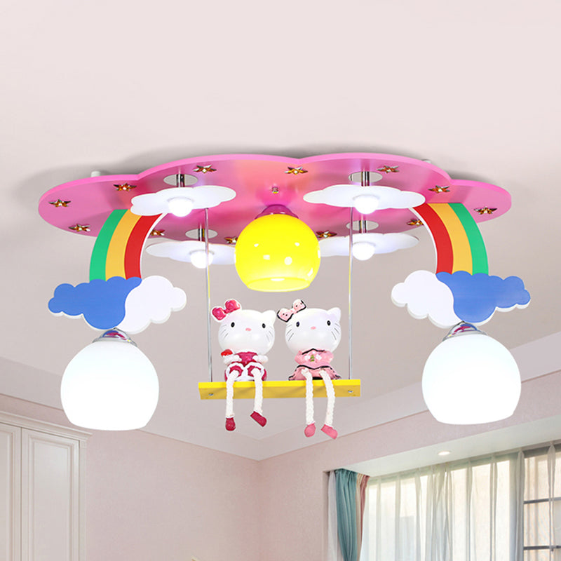 Sky Child Bedroom Flush Ceiling Light Wood 3 Lights Cartoon Ceiling Lamp with Kitten Pink Clearhalo 'Ceiling Lights' 'Close To Ceiling Lights' 'Close to ceiling' 'Semi-flushmount' Lighting' 184526