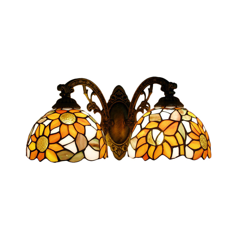 2 Lights Sunflower Wall Lighting Lodge Wall Sconce with Bowl Glass Shade in Orange/Yellow Clearhalo 'Wall Lamps & Sconces' 'Wall Lights' Lighting' 184545