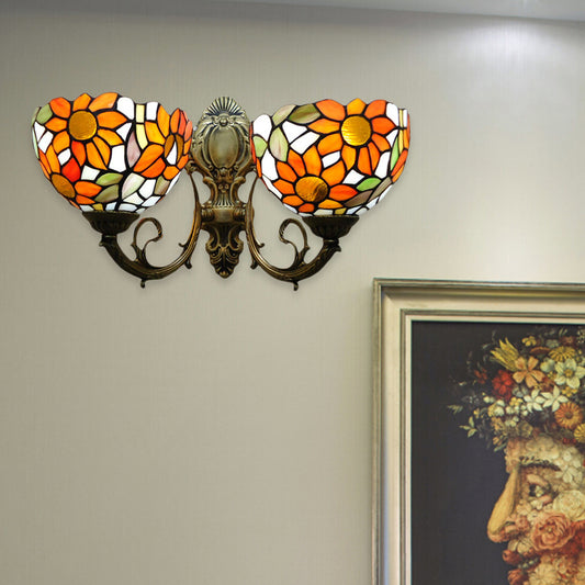 2 Lights Sunflower Wall Lighting Lodge Wall Sconce with Bowl Glass Shade in Orange/Yellow Clearhalo 'Wall Lamps & Sconces' 'Wall Lights' Lighting' 184547