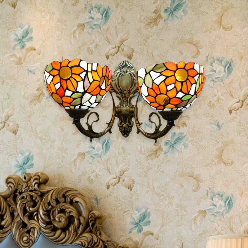 2 Lights Sunflower Wall Lighting Lodge Wall Sconce with Bowl Glass Shade in Orange/Yellow Orange Up Clearhalo 'Wall Lamps & Sconces' 'Wall Lights' Lighting' 184548