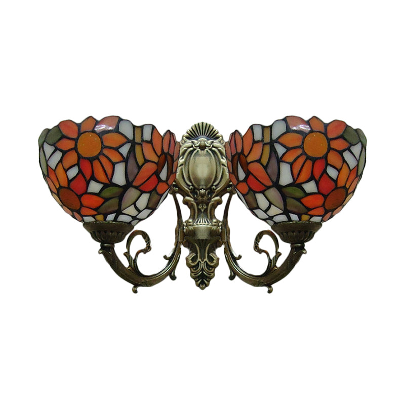 2 Lights Sunflower Wall Lighting Lodge Wall Sconce with Bowl Glass Shade in Orange/Yellow Clearhalo 'Wall Lamps & Sconces' 'Wall Lights' Lighting' 184550