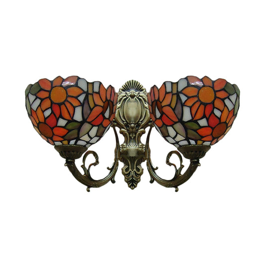 2 Lights Sunflower Wall Lighting Lodge Wall Sconce with Bowl Glass Shade in Orange/Yellow Clearhalo 'Wall Lamps & Sconces' 'Wall Lights' Lighting' 184550