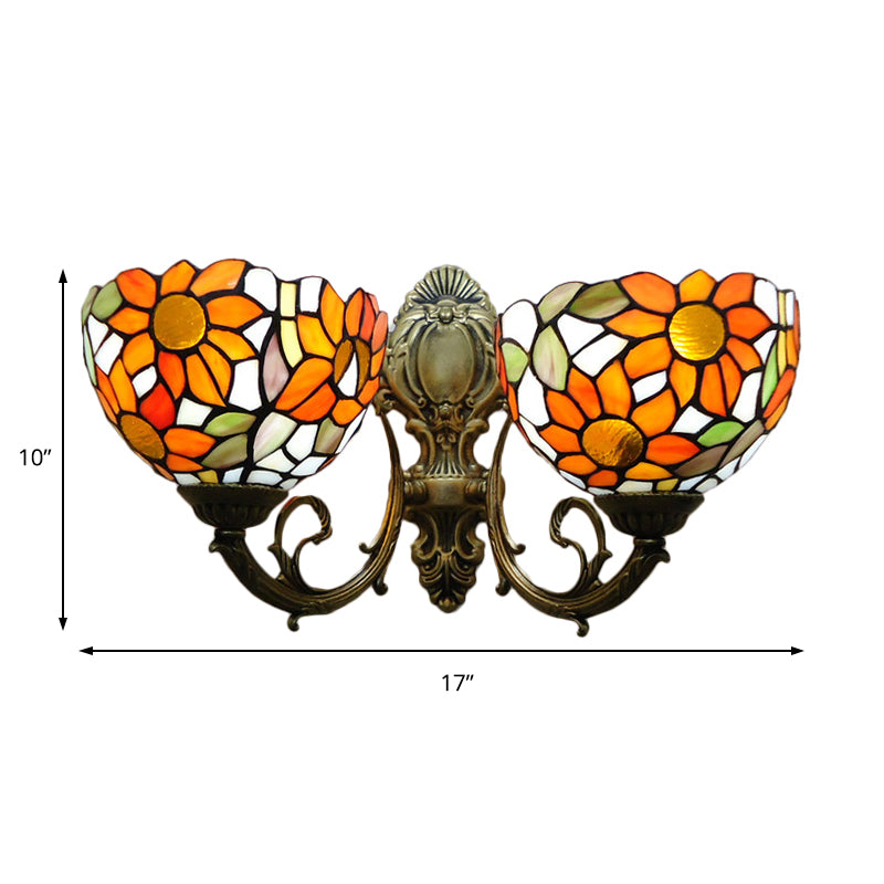 2 Lights Sunflower Wall Lighting Lodge Wall Sconce with Bowl Glass Shade in Orange/Yellow Clearhalo 'Wall Lamps & Sconces' 'Wall Lights' Lighting' 184551