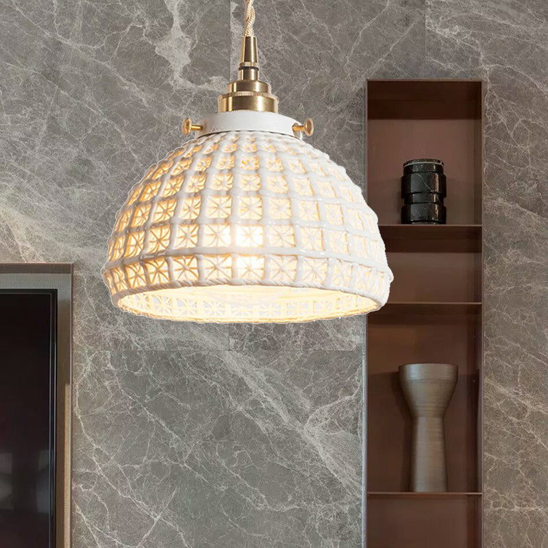 Modern Domed Basket Pendant Lamp Ceramics 1 Head White Hanging Lamp for Kitchen Hallway Clearhalo 'Ceiling Lights' 'Modern Pendants' 'Modern' 'Pendant Lights' 'Pendants' Lighting' 184641