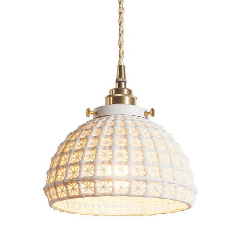 Modern Domed Basket Pendant Lamp Ceramics 1 Head White Hanging Lamp for Kitchen Hallway Clearhalo 'Ceiling Lights' 'Modern Pendants' 'Modern' 'Pendant Lights' 'Pendants' Lighting' 184642