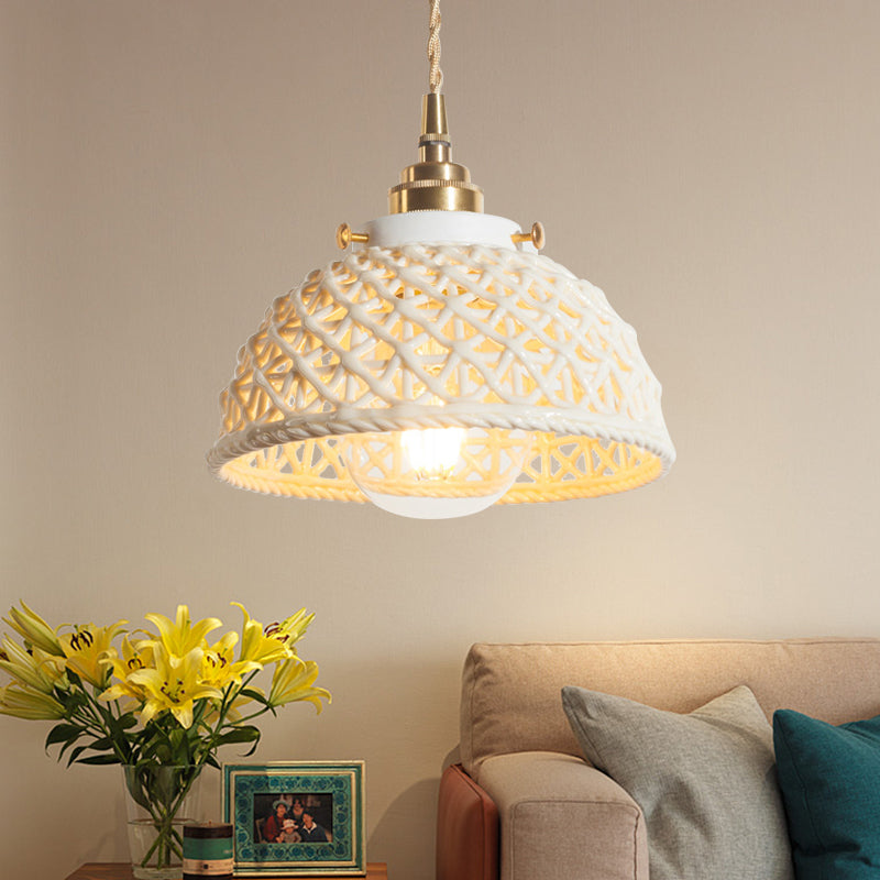 Modern Domed Basket Pendant Lamp Ceramics 1 Head White Hanging Lamp for Kitchen Hallway Clearhalo 'Ceiling Lights' 'Modern Pendants' 'Modern' 'Pendant Lights' 'Pendants' Lighting' 184646