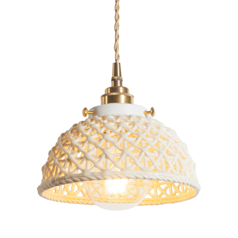 Modern Domed Basket Pendant Lamp Ceramics 1 Head White Hanging Lamp for Kitchen Hallway Clearhalo 'Ceiling Lights' 'Modern Pendants' 'Modern' 'Pendant Lights' 'Pendants' Lighting' 184647