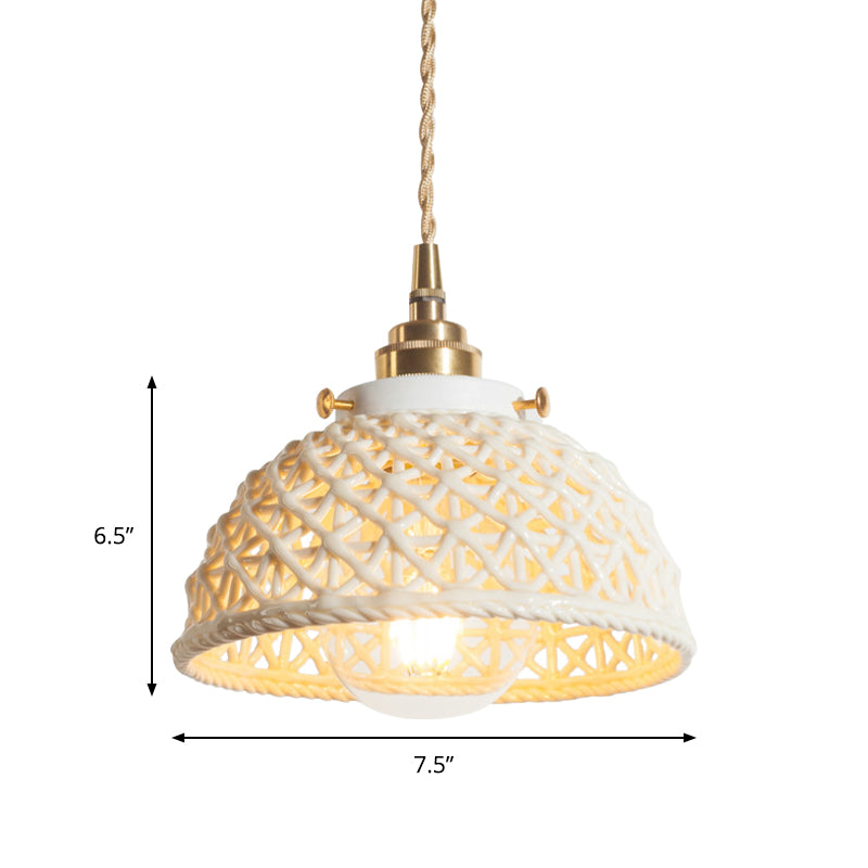 Modern Domed Basket Pendant Lamp Ceramics 1 Head White Hanging Lamp for Kitchen Hallway Clearhalo 'Ceiling Lights' 'Modern Pendants' 'Modern' 'Pendant Lights' 'Pendants' Lighting' 184648