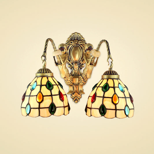 Jeweled Beige Glass Sconce Light Fixture 2 Heads Brass Wall Mount Light for Bedroom Clearhalo 'Industrial' 'Middle century wall lights' 'Tiffany wall lights' 'Tiffany' 'Wall Lamps & Sconces' 'Wall Lights' Lighting' 184681