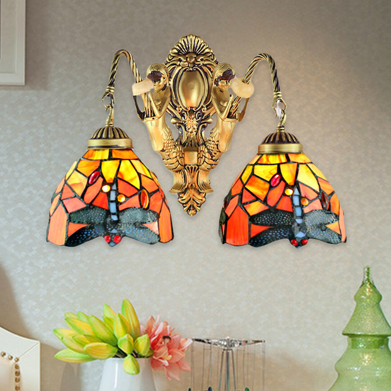 2 Heads Dome Sconce Lighting Tiffany Brass/White Stained Glass Wall Mount Light with Dragonfly Pattern Brass Clearhalo 'Wall Lamps & Sconces' 'Wall Lights' Lighting' 184695