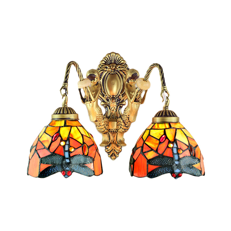 2 Heads Dome Sconce Lighting Tiffany Brass/White Stained Glass Wall Mount Light with Dragonfly Pattern Clearhalo 'Wall Lamps & Sconces' 'Wall Lights' Lighting' 184697