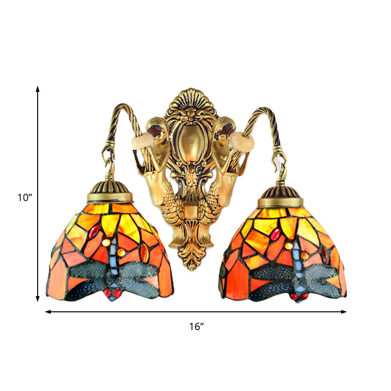 2 Heads Dome Sconce Lighting Tiffany Brass/White Stained Glass Wall Mount Light with Dragonfly Pattern Clearhalo 'Wall Lamps & Sconces' 'Wall Lights' Lighting' 184698