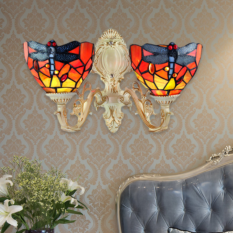 2 Heads Dome Sconce Lighting Tiffany Brass/White Stained Glass Wall Mount Light with Dragonfly Pattern White Clearhalo 'Wall Lamps & Sconces' 'Wall Lights' Lighting' 184699