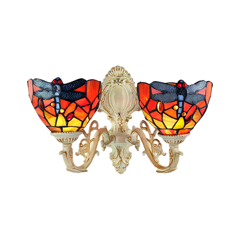 2 Heads Dome Sconce Lighting Tiffany Brass/White Stained Glass Wall Mount Light with Dragonfly Pattern Clearhalo 'Wall Lamps & Sconces' 'Wall Lights' Lighting' 184700