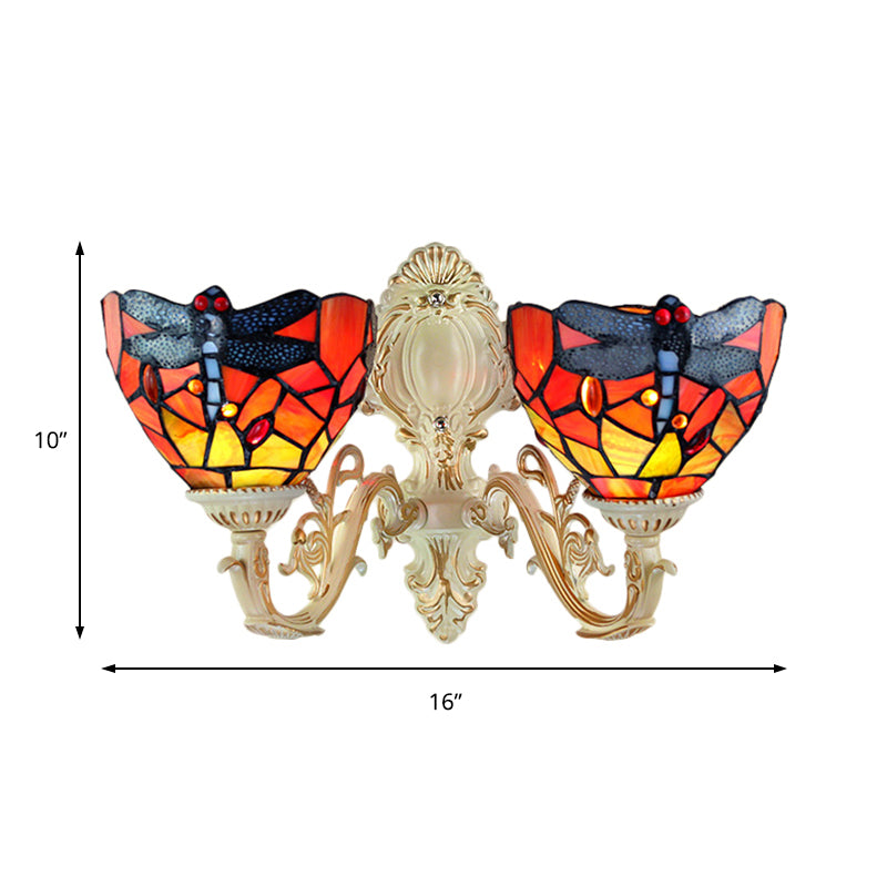 2 Heads Dome Sconce Lighting Tiffany Brass/White Stained Glass Wall Mount Light with Dragonfly Pattern Clearhalo 'Wall Lamps & Sconces' 'Wall Lights' Lighting' 184701