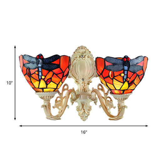 2 Heads Dome Sconce Lighting Tiffany Brass/White Stained Glass Wall Mount Light with Dragonfly Pattern Clearhalo 'Wall Lamps & Sconces' 'Wall Lights' Lighting' 184701