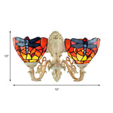 2 Heads Dome Sconce Lighting Tiffany Brass/White Stained Glass Wall Mount Light with Dragonfly Pattern Clearhalo 'Wall Lamps & Sconces' 'Wall Lights' Lighting' 184701