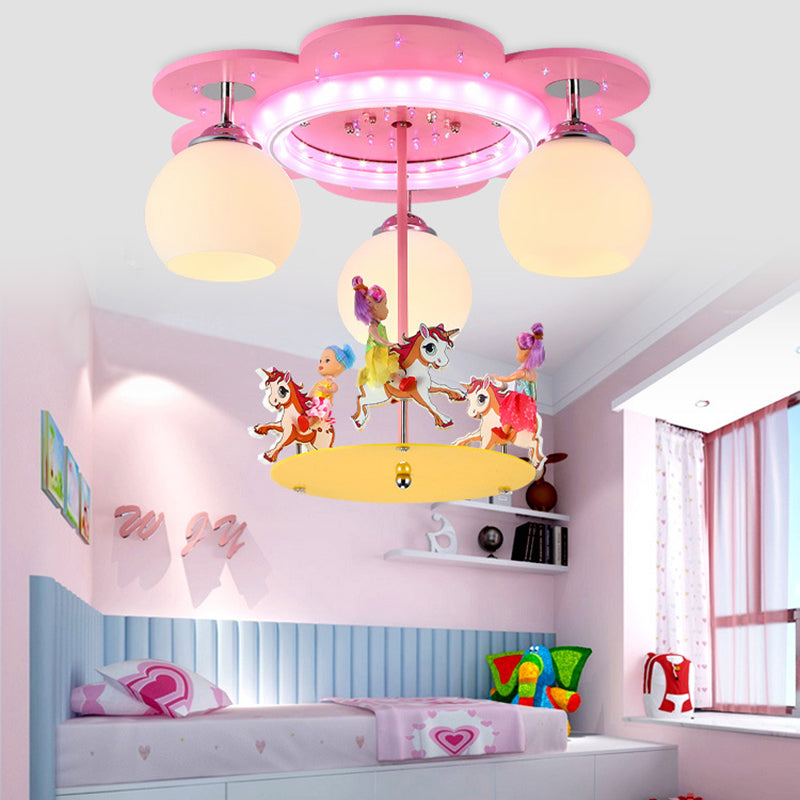 3 Lights Carousel Flush Mount Light Lovely Metal Ceiling Lamp in Pink for Child Bedroom Pink Clearhalo 'Ceiling Lights' 'Close To Ceiling Lights' 'Close to ceiling' 'Flush mount' Lighting' 184780